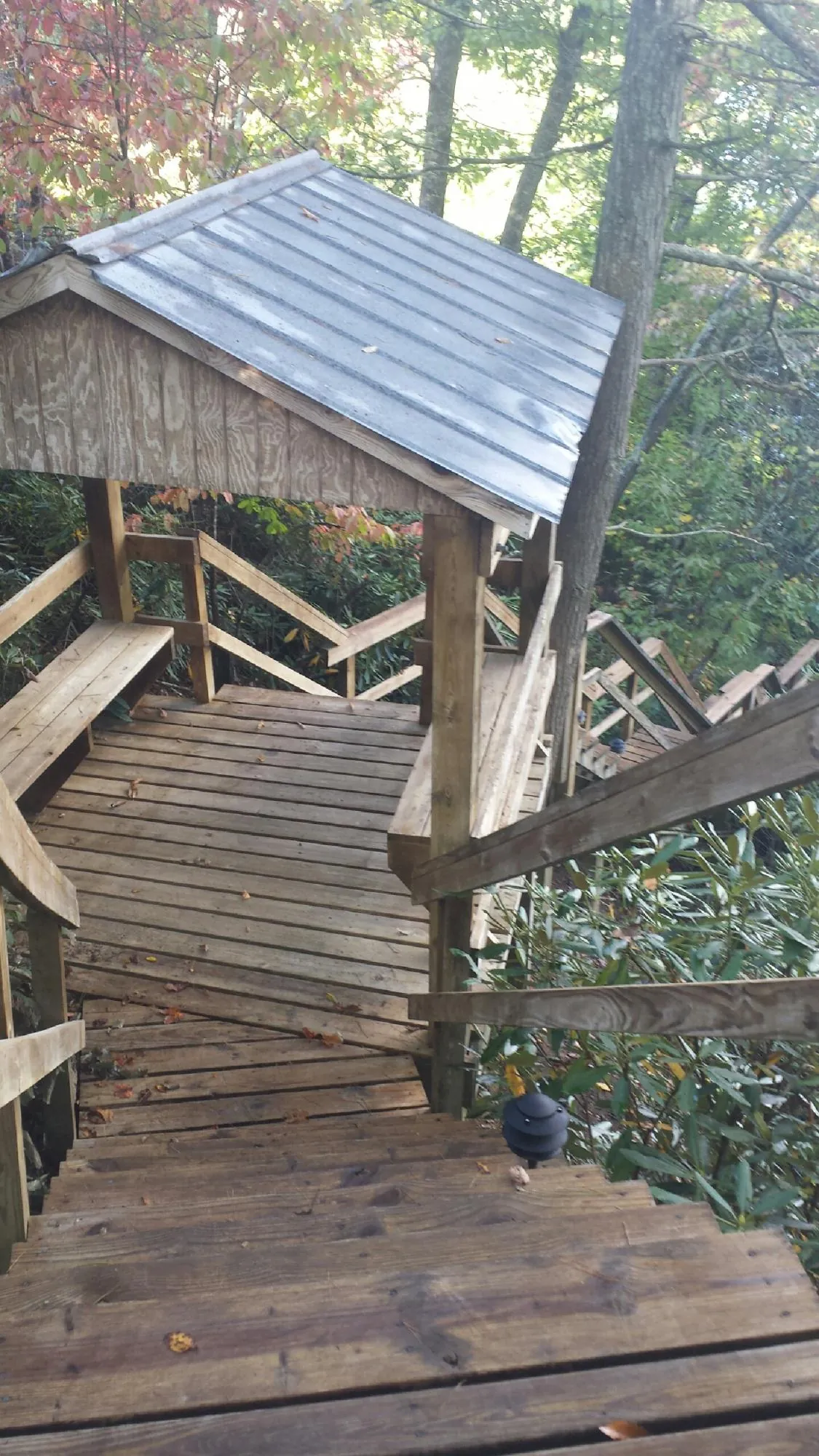 Metal roofed shelter over wooden steps on a wooded walkway — Skylight Repair & Installation work by our crew in Sparr